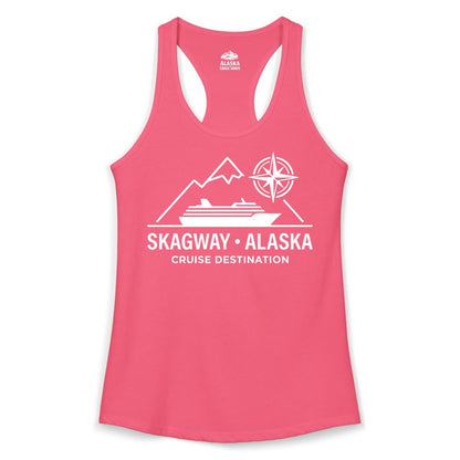 Skagway Alaska Cruise Shirt - Souvenir Apparel for Travelers (Ladies Tank) in Hot Pink - Skagway Alaska Cruise Shirt - Mountains Ship Compass Line Art Tee