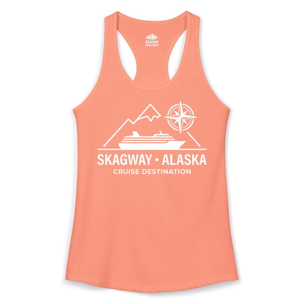 Skagway Alaska Cruise Shirt - Souvenir Apparel for Travelers (Ladies Tank) in Solid Light Orange - Skagway Alaska Cruise Shirt - Mountains Ship Compass Line Art Tee