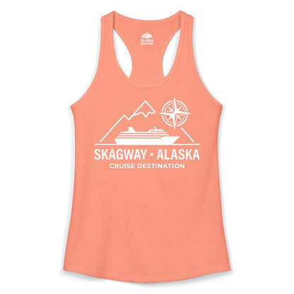Skagway Alaska Cruise Shirt - Souvenir Apparel for Travelers (Ladies Tank) in Solid Light Orange - Skagway Alaska Cruise Shirt - Mountains Ship Compass Line Art Tee