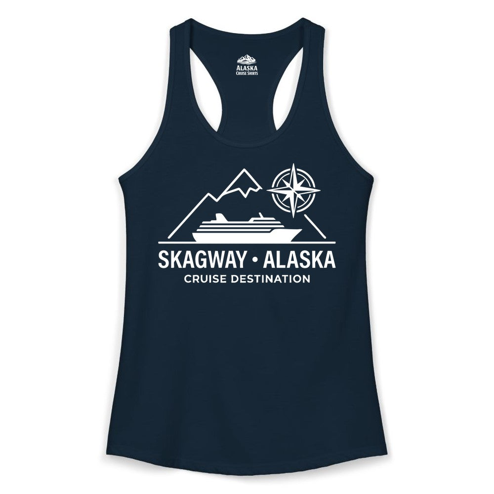 Skagway Alaska Cruise Shirt - Souvenir Apparel for Travelers (Ladies Tank) in Solid Midnight Navy - Skagway Alaska Cruise Shirt - Mountains Ship Compass Line Art Tee