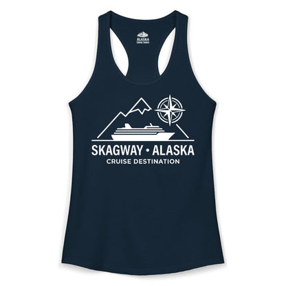 Skagway Alaska Cruise Shirt - Souvenir Apparel for Travelers (Ladies Tank) in Solid Midnight Navy - Skagway Alaska Cruise Shirt - Mountains Ship Compass Line Art Tee
