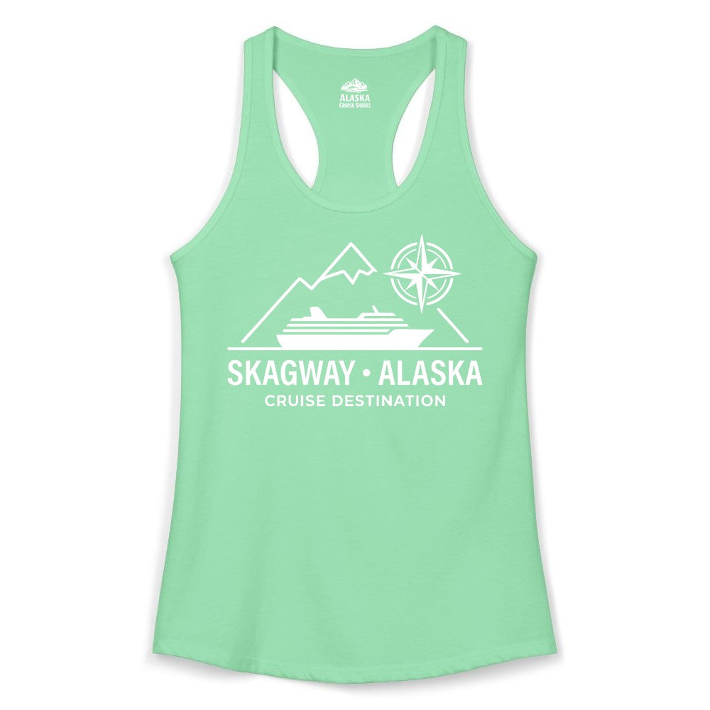 Skagway Alaska Cruise Shirt - Souvenir Apparel for Travelers (Ladies Tank) in Solid Mint - Skagway Alaska Cruise Shirt - Mountains Ship Compass Line Art Tee