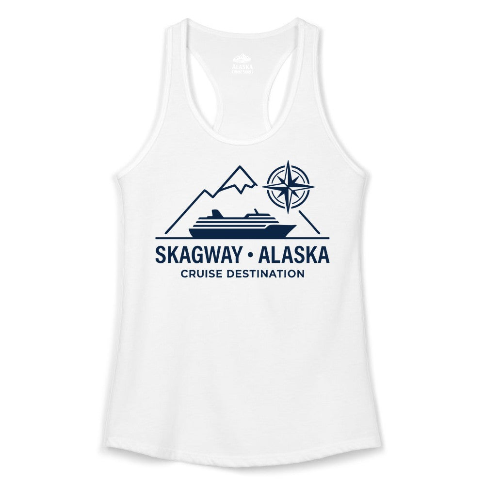 Skagway Alaska Cruise Shirt - Souvenir Apparel for Travelers (Ladies Tank) in White - Skagway Alaska Cruise Shirt - Mountains Ship Compass Line Art Tee