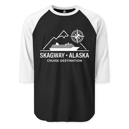 Skagway Alaska Cruise Shirt - Souvenir Apparel for Travelers (Raglan) in BlackWhite - Skagway Alaska Cruise Shirt - Mountains Ship Compass Line Art Tee