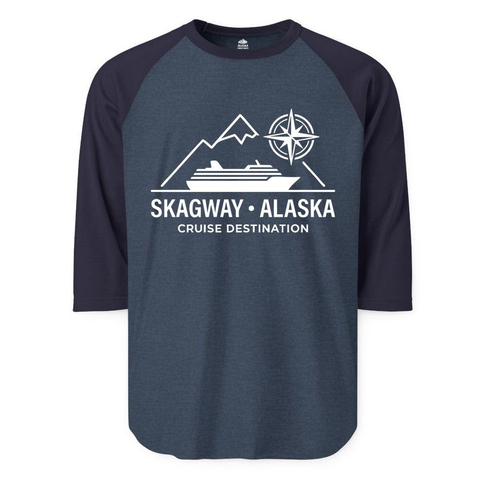 Skagway Alaska Cruise Shirt - Souvenir Apparel for Travelers (Raglan) in Heather DenimNavy - Skagway Alaska Cruise Shirt - Mountains Ship Compass Line Art Tee