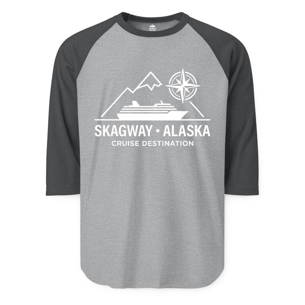 Skagway Alaska Cruise Shirt - Souvenir Apparel for Travelers (Raglan) in Heather GreyHeather Charcoal - Skagway Alaska Cruise Shirt - Mountains Ship Compass Line Art Tee