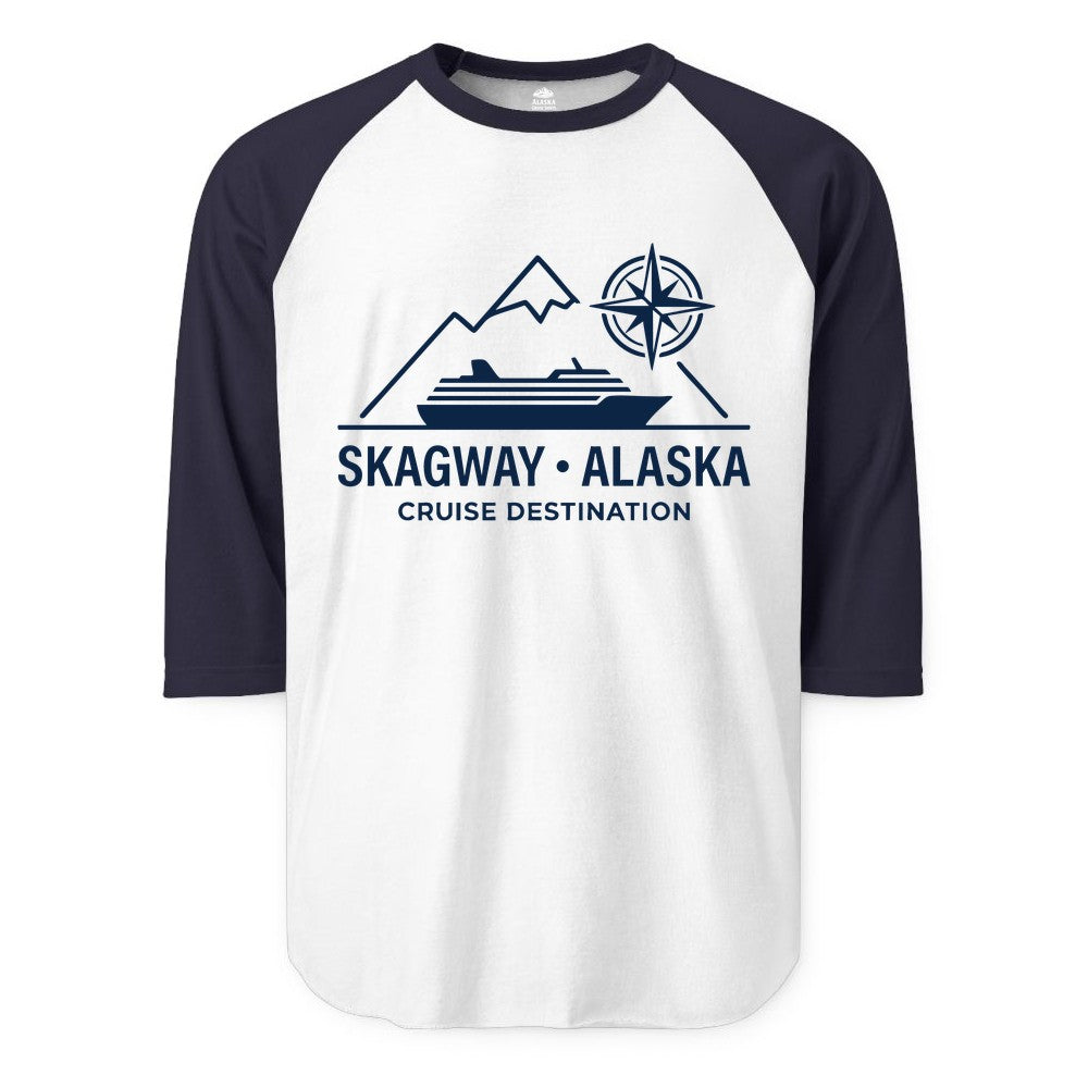Skagway Alaska Cruise Shirt - Souvenir Apparel for Travelers (Raglan) in WhiteNavy - Skagway Alaska Cruise Shirt - Mountains Ship Compass Line Art Tee