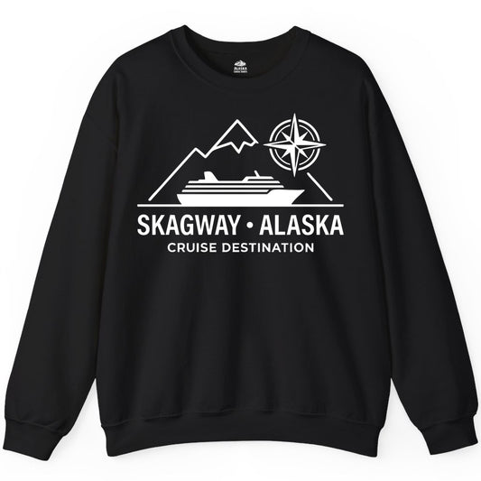 Skagway Alaska Cruise Shirt - Souvenir Apparel for Travelers (Sweatshirt) in Black - Skagway Alaska Cruise Shirt - Mountains Ship Compass Line Art Tee