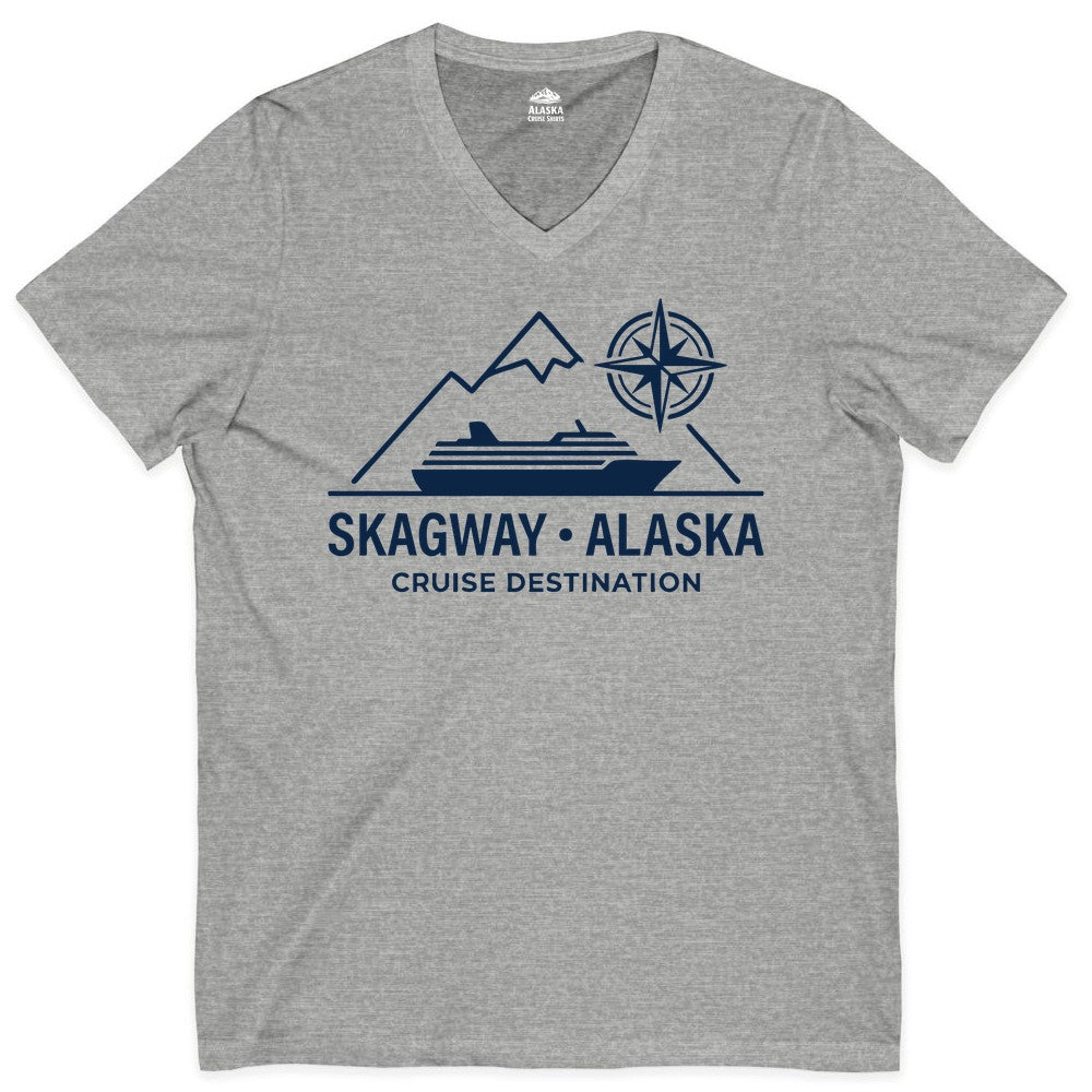 Skagway Alaska Cruise Shirt - Souvenir Apparel for Travelers (V-Neck) in Athletic Heather - Skagway Alaska Cruise Shirt - Mountains Ship Compass Line Art Tee