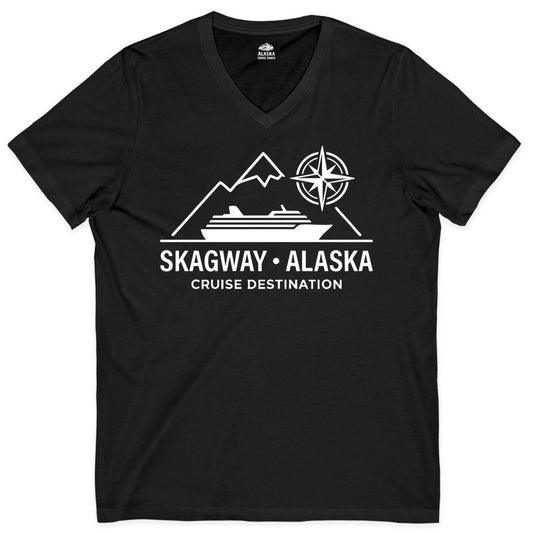 Skagway Alaska Cruise Shirt - Souvenir Apparel for Travelers (V-Neck) in Black - Skagway Alaska Cruise Shirt - Mountains Ship Compass Line Art Tee