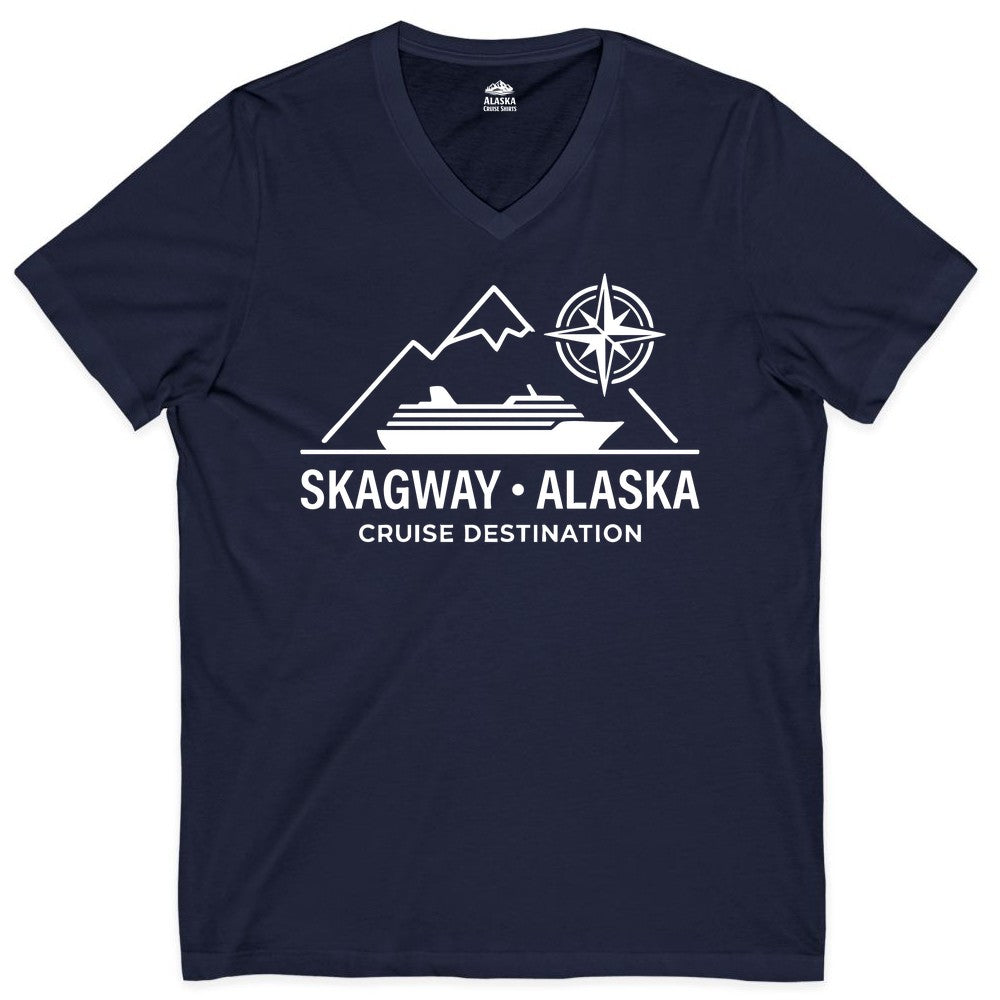 Skagway Alaska Cruise Shirt - Souvenir Apparel for Travelers (V-Neck) in Navy - Skagway Alaska Cruise Shirt - Mountains Ship Compass Line Art Tee
