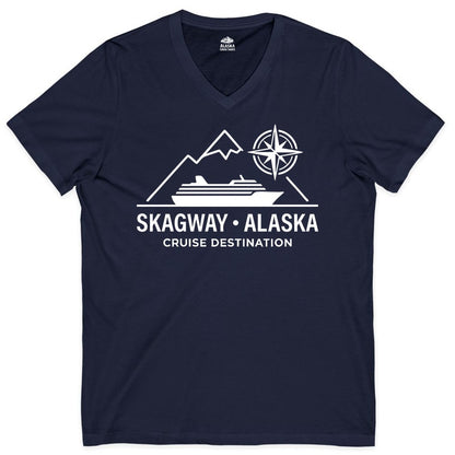 Skagway Alaska Cruise Shirt - Souvenir Apparel for Travelers (V-Neck) in Navy - Skagway Alaska Cruise Shirt - Mountains Ship Compass Line Art Tee