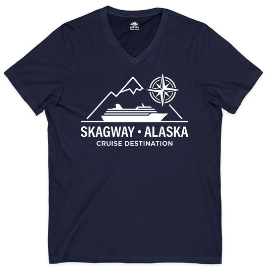 Skagway Alaska Cruise Shirt - Souvenir Apparel for Travelers (V-Neck) in Navy - Skagway Alaska Cruise Shirt - Mountains Ship Compass Line Art Tee