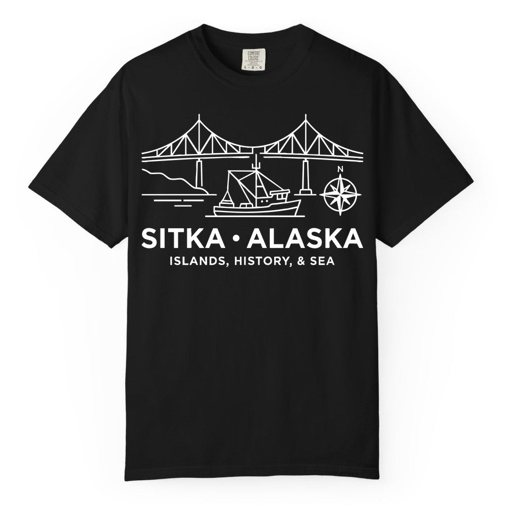 Sitka Alaska Shirt - Nautical Bridge, Boat, Compass Souvenir Tee (Comfort Color) in Black - Sitka Alaska Nautical Line Art Shirt - Bridge Boat Compass Design