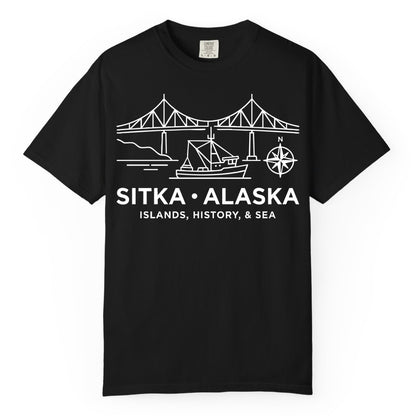 Sitka Alaska Shirt - Nautical Bridge, Boat, Compass Souvenir Tee (Comfort Color) in Black - Sitka Alaska Nautical Line Art Shirt - Bridge Boat Compass Design