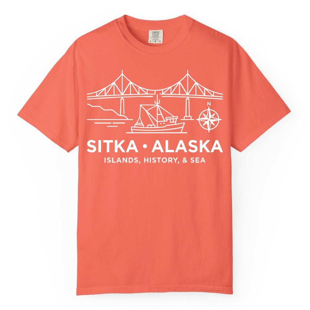 Sitka Alaska Shirt - Nautical Bridge, Boat, Compass Souvenir Tee (Comfort Color) in Bright Salmon - Sitka Alaska Nautical Line Art Shirt - Bridge Boat Compass Design