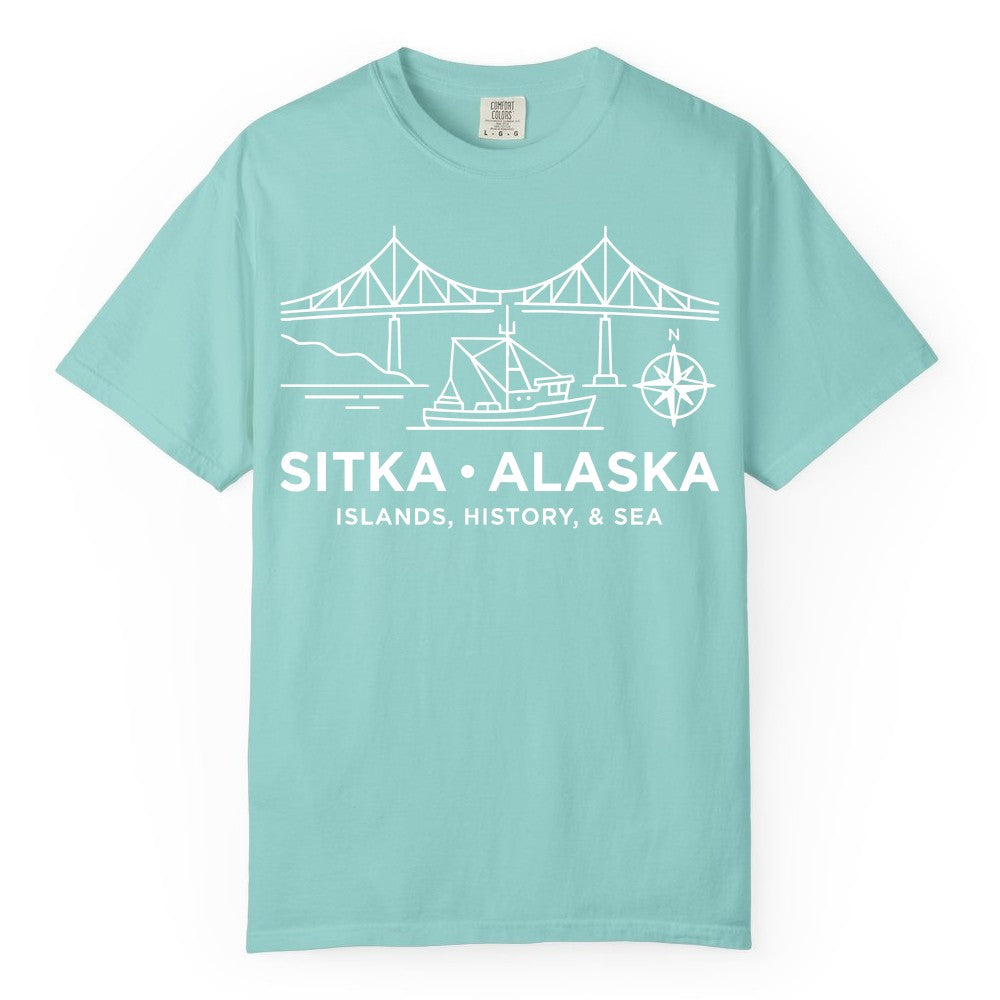 Sitka Alaska Shirt - Nautical Bridge, Boat, Compass Souvenir Tee (Comfort Color) in Chalky Mint - Sitka Alaska Nautical Line Art Shirt - Bridge Boat Compass Design