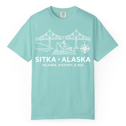 Sitka Alaska Shirt - Nautical Bridge, Boat, Compass Souvenir Tee (Comfort Color) in Chalky Mint - Sitka Alaska Nautical Line Art Shirt - Bridge Boat Compass Design