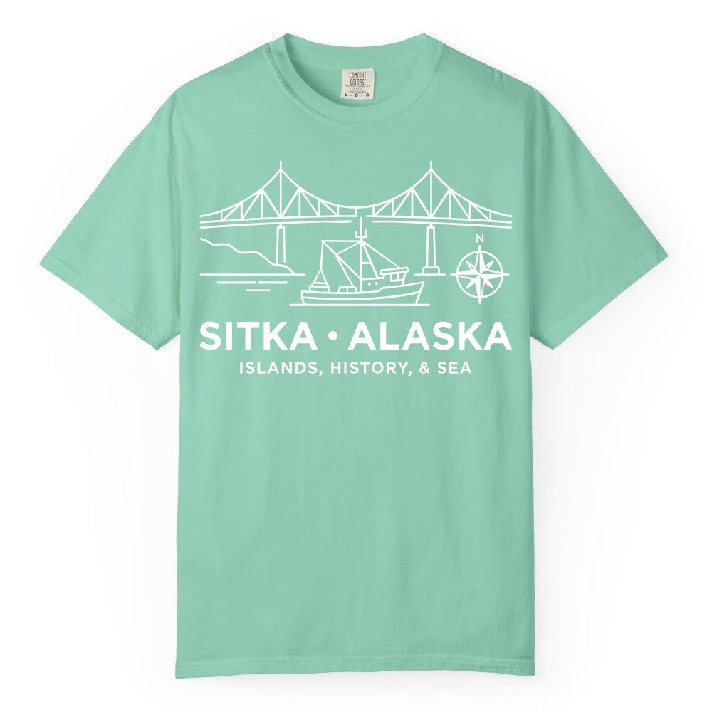 Sitka Alaska Shirt - Nautical Bridge, Boat, Compass Souvenir Tee (Comfort Color) in Island Reef - Sitka Alaska Nautical Line Art Shirt - Bridge Boat Compass Design