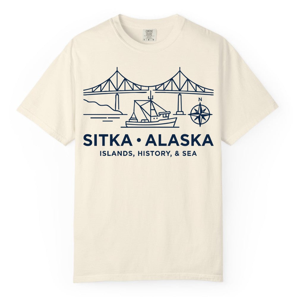 Sitka Alaska Shirt - Nautical Bridge, Boat, Compass Souvenir Tee (Comfort Color) in Ivory - Sitka Alaska Nautical Line Art Shirt - Bridge Boat Compass Design