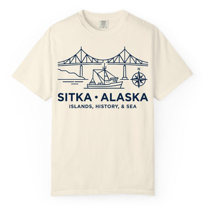 Sitka Alaska Shirt - Nautical Bridge, Boat, Compass Souvenir Tee (Comfort Color) in Ivory - Sitka Alaska Nautical Line Art Shirt - Bridge Boat Compass Design