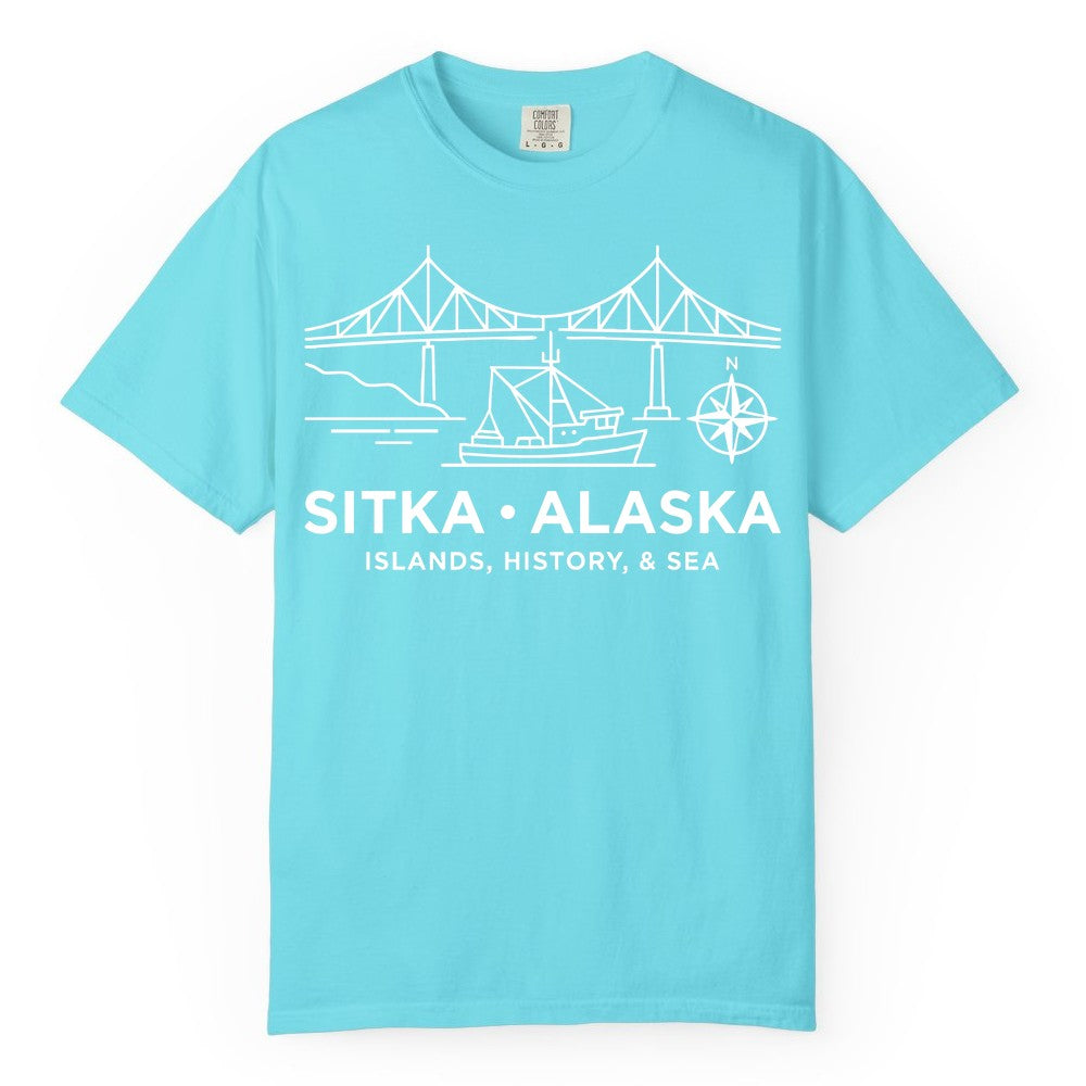 Sitka Alaska Shirt - Nautical Bridge, Boat, Compass Souvenir Tee (Comfort Color) in Lagoon Blue - Sitka Alaska Nautical Line Art Shirt - Bridge Boat Compass Design