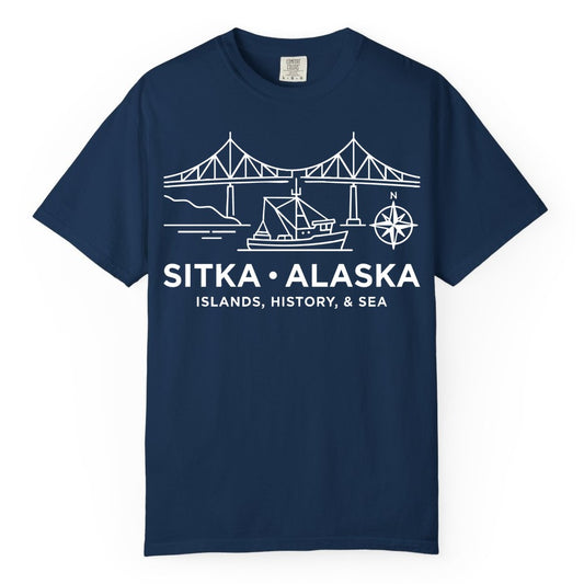 Sitka Alaska Shirt - Nautical Bridge, Boat, Compass Souvenir Tee (Comfort Color) in Navy - Sitka Alaska Nautical Line Art Shirt - Bridge Boat Compass Design