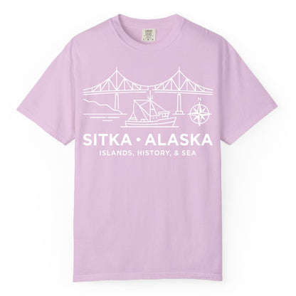 Sitka Alaska Shirt - Nautical Bridge, Boat, Compass Souvenir Tee (Comfort Color) in Orchid - Sitka Alaska Nautical Line Art Shirt - Bridge Boat Compass Design
