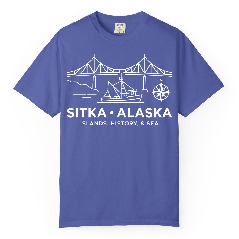 Sitka Alaska Shirt - Nautical Bridge, Boat, Compass Souvenir Tee (Comfort Color) in Periwinkle - Sitka Alaska Nautical Line Art Shirt - Bridge Boat Compass Design