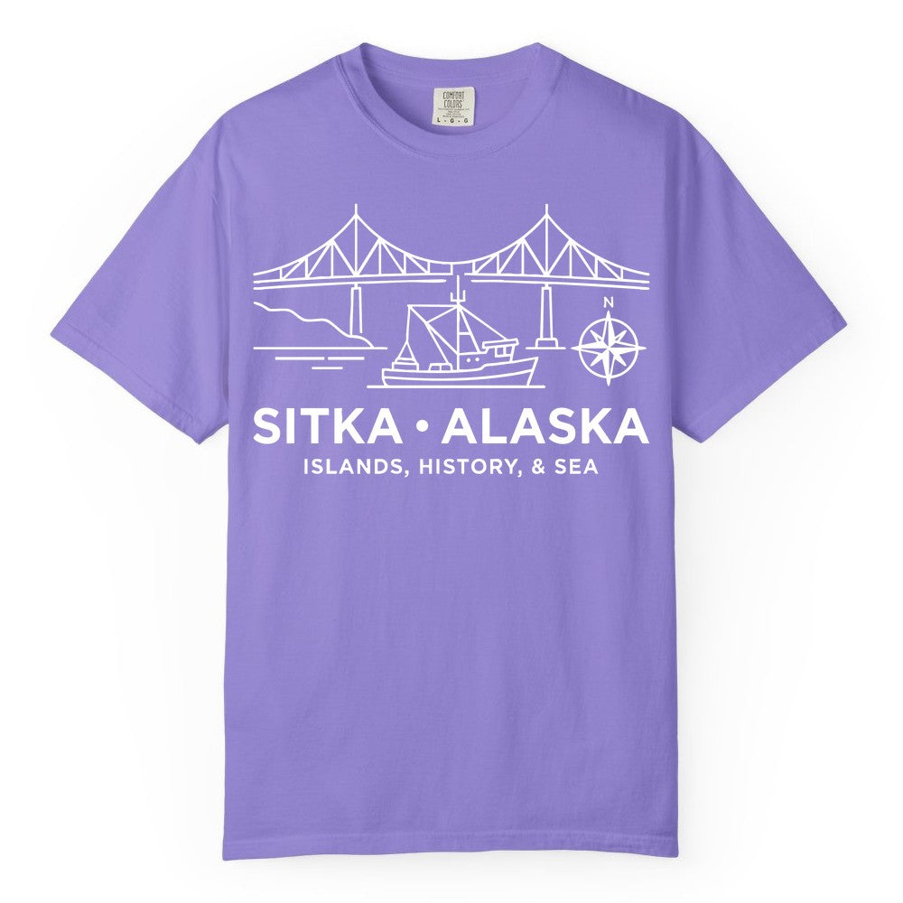 Sitka Alaska Shirt - Nautical Bridge, Boat, Compass Souvenir Tee (Comfort Color) in Violet - Sitka Alaska Nautical Line Art Shirt - Bridge Boat Compass Design