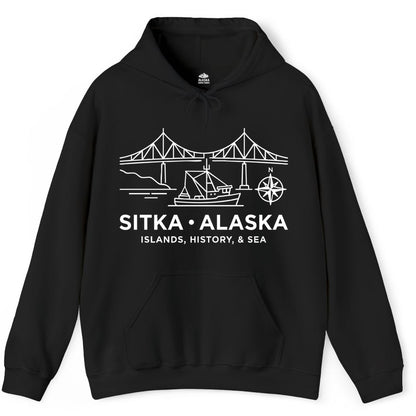 Sitka Alaska Shirt - Nautical Bridge, Boat, Compass Souvenir Tee (Hoodie) in Black - Sitka Alaska Nautical Line Art Shirt - Bridge Boat Compass Design