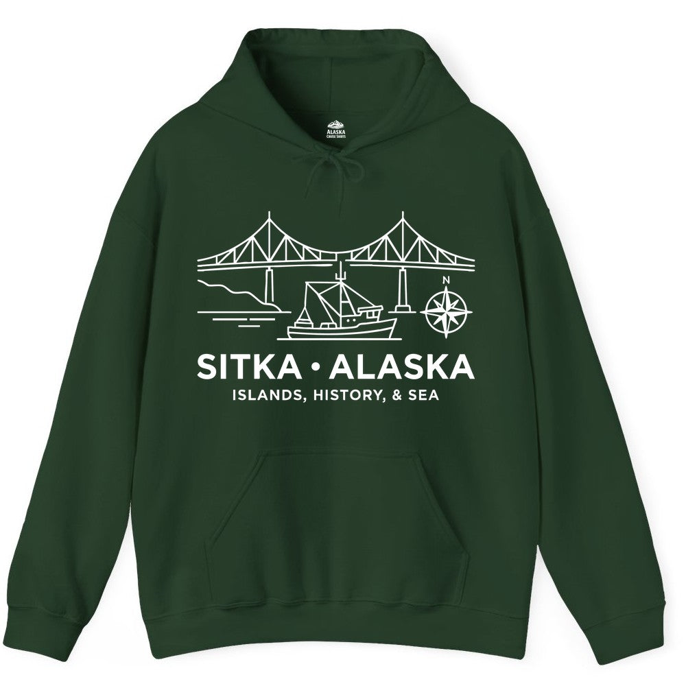 Sitka Alaska Shirt - Nautical Bridge, Boat, Compass Souvenir Tee (Hoodie) in Forest Green - Sitka Alaska Nautical Line Art Shirt - Bridge Boat Compass Design