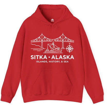 Sitka Alaska Shirt - Nautical Bridge, Boat, Compass Souvenir Tee (Hoodie) in Red - Sitka Alaska Nautical Line Art Shirt - Bridge Boat Compass Design