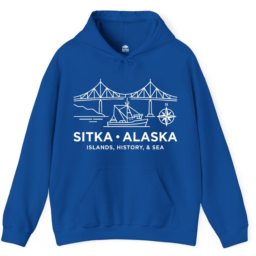Sitka Alaska Shirt - Nautical Bridge, Boat, Compass Souvenir Tee (Hoodie) in Royal - Sitka Alaska Nautical Line Art Shirt - Bridge Boat Compass Design