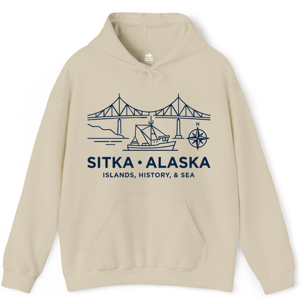 Sitka Alaska Shirt - Nautical Bridge, Boat, Compass Souvenir Tee (Hoodie) in Sand - Sitka Alaska Nautical Line Art Shirt - Bridge Boat Compass Design