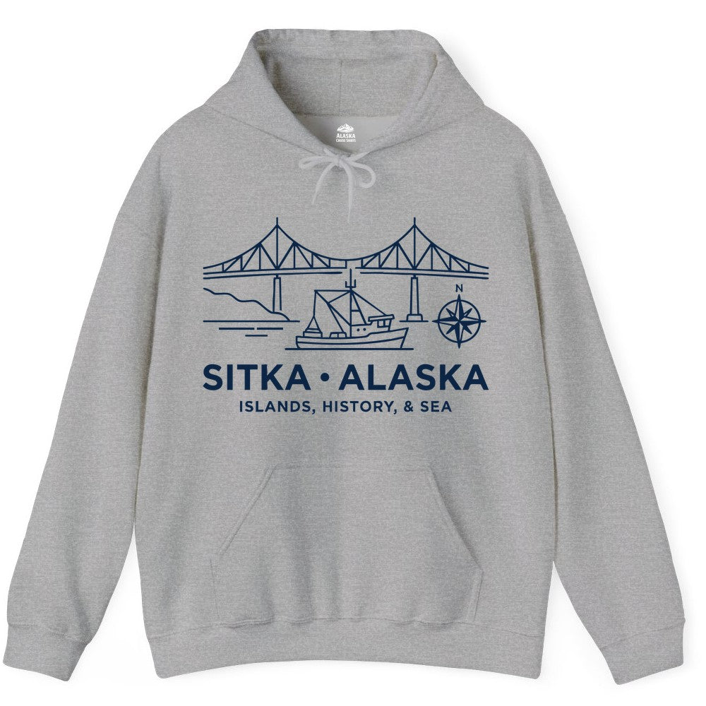 Sitka Alaska Shirt - Nautical Bridge, Boat, Compass Souvenir Tee (Hoodie) in Sport Grey - Sitka Alaska Nautical Line Art Shirt - Bridge Boat Compass Design