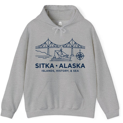Sitka Alaska Shirt - Nautical Bridge, Boat, Compass Souvenir Tee (Hoodie) in Sport Grey - Sitka Alaska Nautical Line Art Shirt - Bridge Boat Compass Design