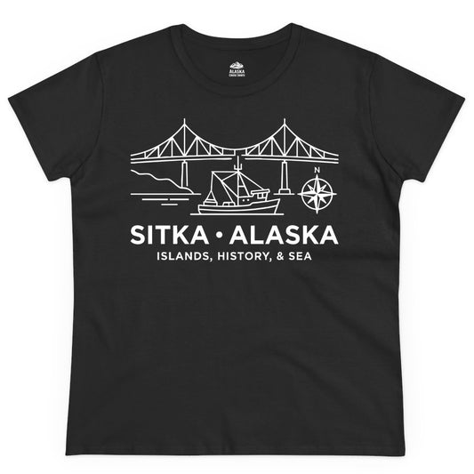 Sitka Alaska Shirt - Nautical Bridge, Boat, Compass Souvenir Tee (Ladies Tee) in Black - Sitka Alaska Nautical Line Art Shirt - Bridge Boat Compass Design