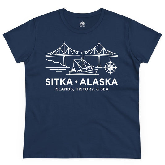 Sitka Alaska Shirt - Nautical Bridge, Boat, Compass Souvenir Tee (Ladies Tee) in Navy - Sitka Alaska Nautical Line Art Shirt - Bridge Boat Compass Design