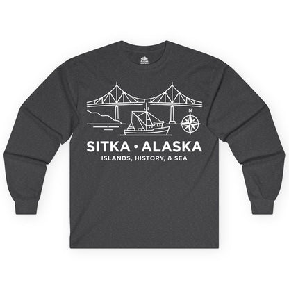 Sitka Alaska Shirt - Nautical Bridge, Boat, Compass Souvenir Tee (Long Sleeve) in Dark Heather - Sitka Alaska Nautical Line Art Shirt - Bridge Boat Compass Design