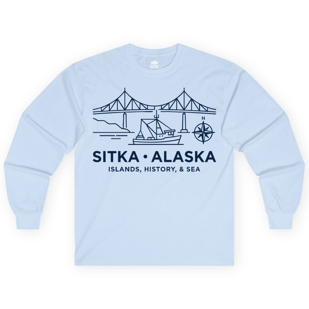 Sitka Alaska Shirt - Nautical Bridge, Boat, Compass Souvenir Tee (Long Sleeve) in Light Blue - Sitka Alaska Nautical Line Art Shirt - Bridge Boat Compass Design