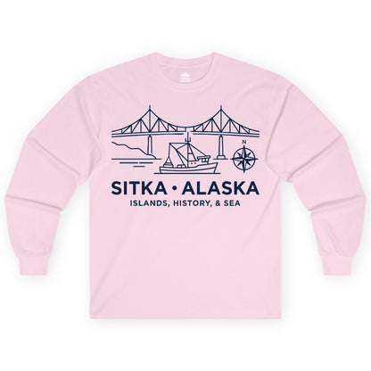 Sitka Alaska Shirt - Nautical Bridge, Boat, Compass Souvenir Tee (Long Sleeve) in Light Pink - Sitka Alaska Nautical Line Art Shirt - Bridge Boat Compass Design