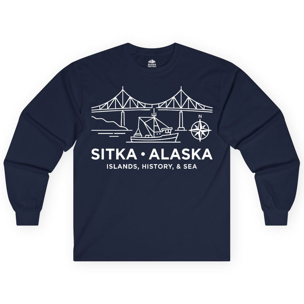 Sitka Alaska Shirt - Nautical Bridge, Boat, Compass Souvenir Tee (Long Sleeve) in Navy - Sitka Alaska Nautical Line Art Shirt - Bridge Boat Compass Design
