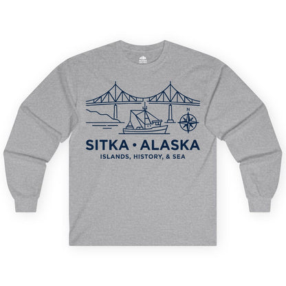 Sitka Alaska Shirt - Nautical Bridge, Boat, Compass Souvenir Tee (Long Sleeve) in Sport Grey - Sitka Alaska Nautical Line Art Shirt - Bridge Boat Compass Design