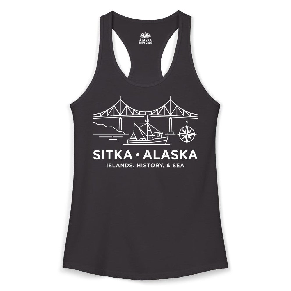 Sitka Alaska Shirt - Nautical Bridge, Boat, Compass Souvenir Tee (Ladies Tank) in Black - Sitka Alaska Nautical Line Art Shirt - Bridge Boat Compass Design