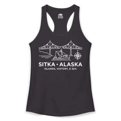 Sitka Alaska Shirt - Nautical Bridge, Boat, Compass Souvenir Tee (Ladies Tank) in Black - Sitka Alaska Nautical Line Art Shirt - Bridge Boat Compass Design