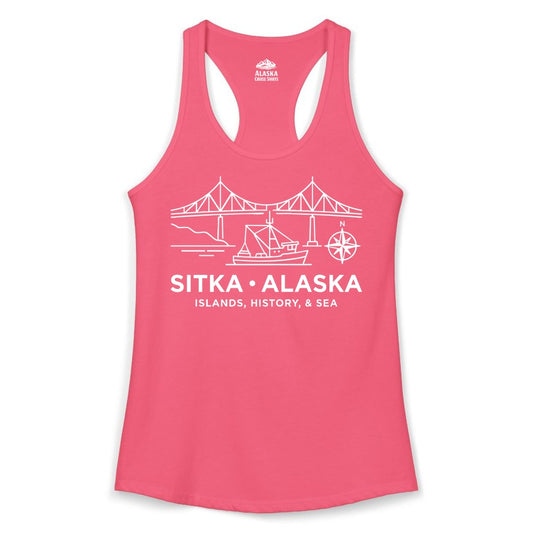 Sitka Alaska Shirt - Nautical Bridge, Boat, Compass Souvenir Tee (Ladies Tank) in Hot Pink - Sitka Alaska Nautical Line Art Shirt - Bridge Boat Compass Design