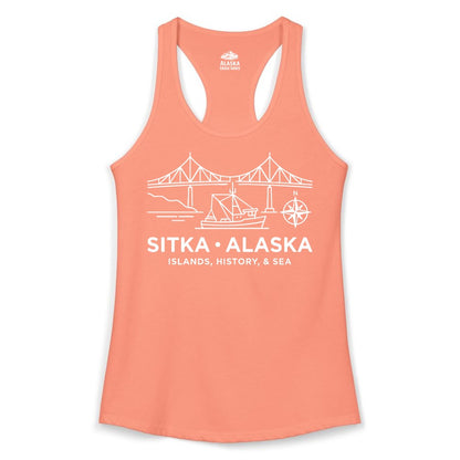 Sitka Alaska Shirt - Nautical Bridge, Boat, Compass Souvenir Tee (Ladies Tank) in Solid Light Orange - Sitka Alaska Nautical Line Art Shirt - Bridge Boat Compass Design