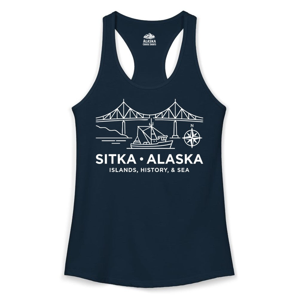 Sitka Alaska Shirt - Nautical Bridge, Boat, Compass Souvenir Tee (Ladies Tank) in Solid Midnight Navy - Sitka Alaska Nautical Line Art Shirt - Bridge Boat Compass Design