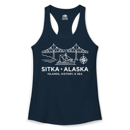 Sitka Alaska Shirt - Nautical Bridge, Boat, Compass Souvenir Tee (Ladies Tank) in Solid Midnight Navy - Sitka Alaska Nautical Line Art Shirt - Bridge Boat Compass Design